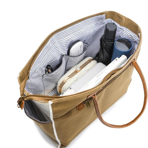 Sel De Mer Canvas HandBag Upcycled Canvas Vegan Leather Tote Bag, Large Brown - Picture 5 of 6